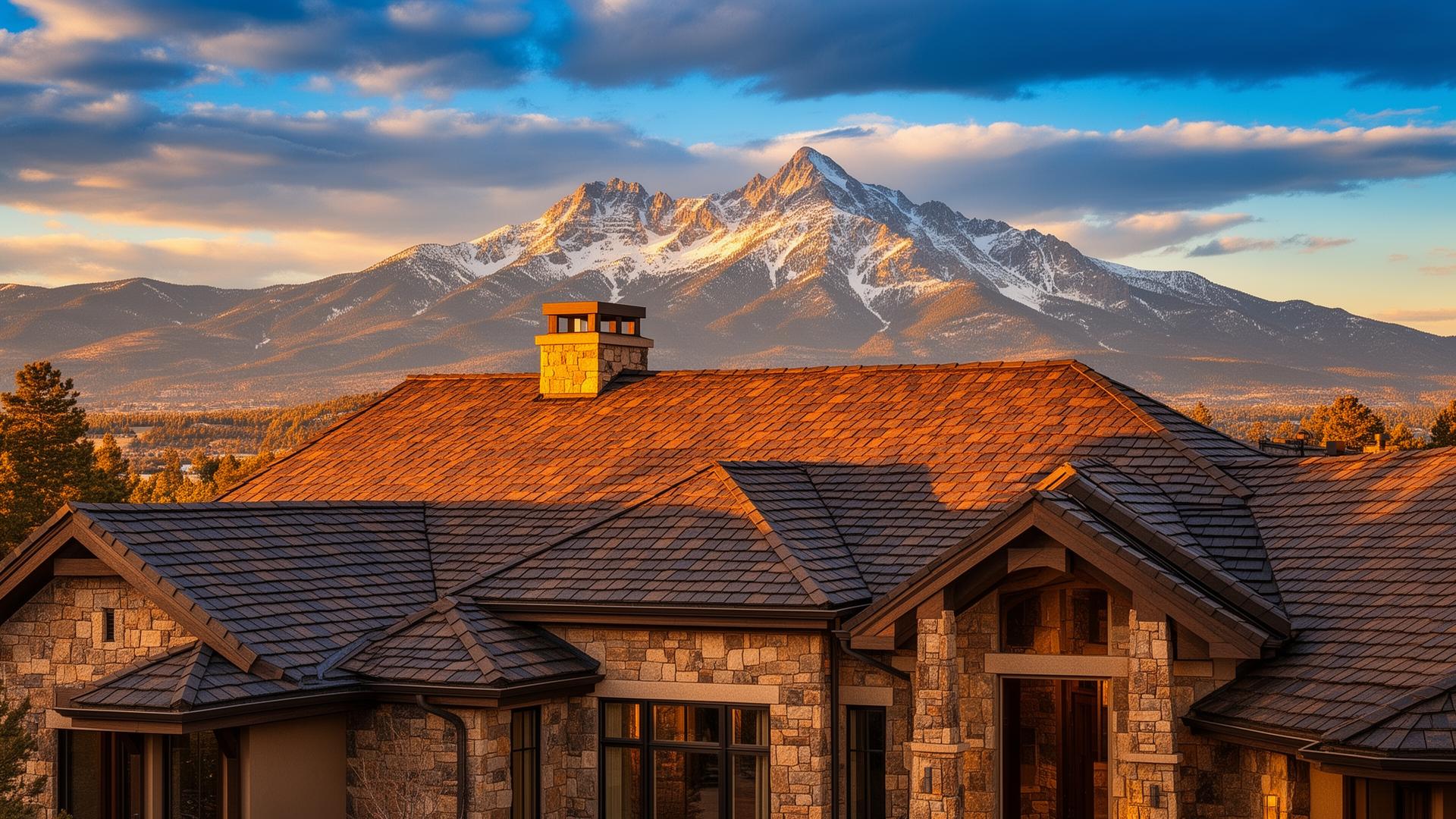 Colorado Springs home with new asphalt shingle roof and Pikes Peak in the background